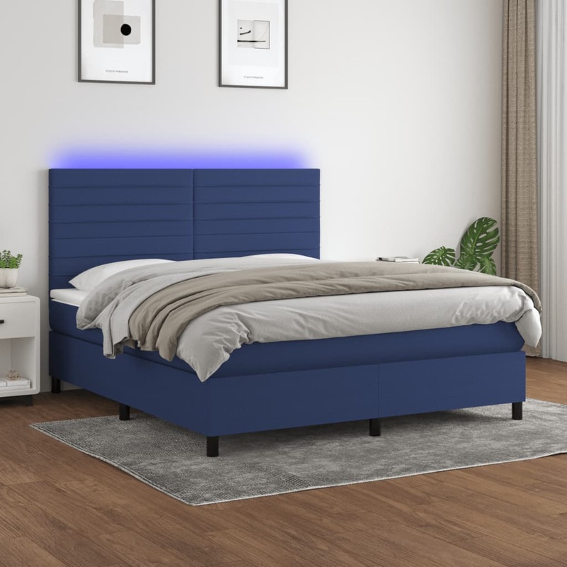 Sommier  lattes de lit et matelas et LED Bleu 160x200 cm Tissu