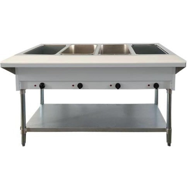 Omcan - 4 Pan Open Well Natural Gas Steam Table with Cutting Board and Undershelf - 47344