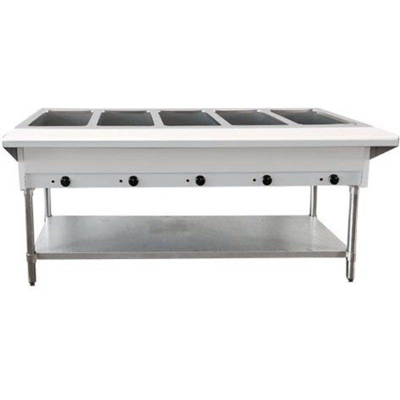Omcan - 5 Pan Open Well Natural Gas Steam Table with Cutting Board and Undershelf - 47345