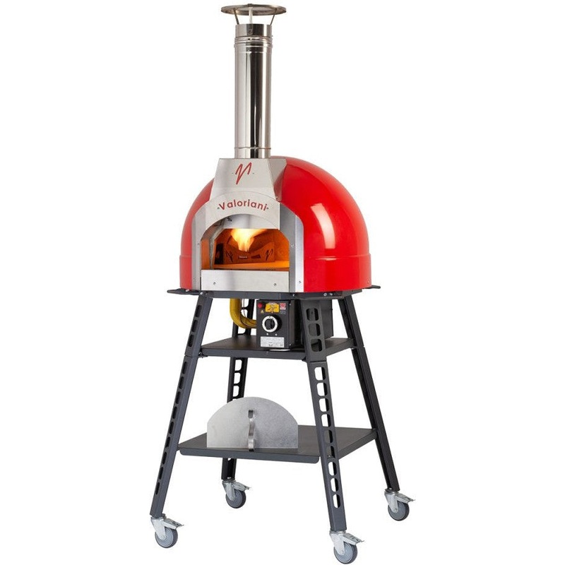 Valoriani - Baby 60 Wood & Gas Fired Pizza Oven with Red Metal Dome, Stand, and Casters - 48144