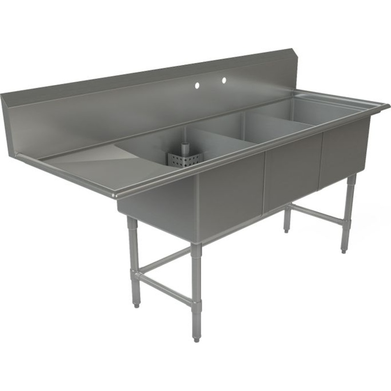 Tarrison - 75" 18 Gauge Three Compartment Sink with Left Drainboard - TA-CDS318L-KIT
