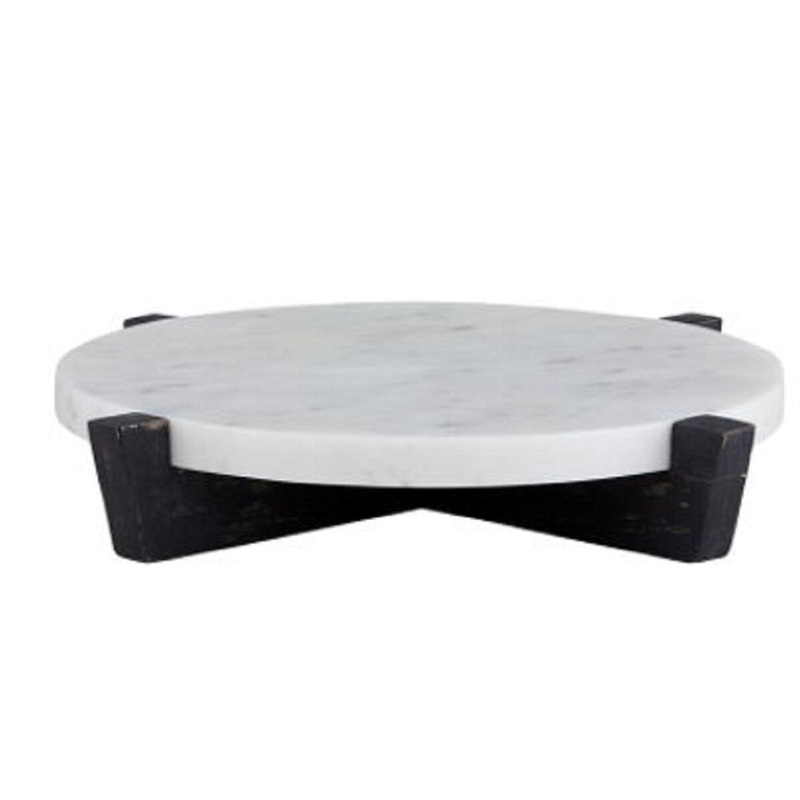 11" Gray Marble Tray And Mango Wood Stand