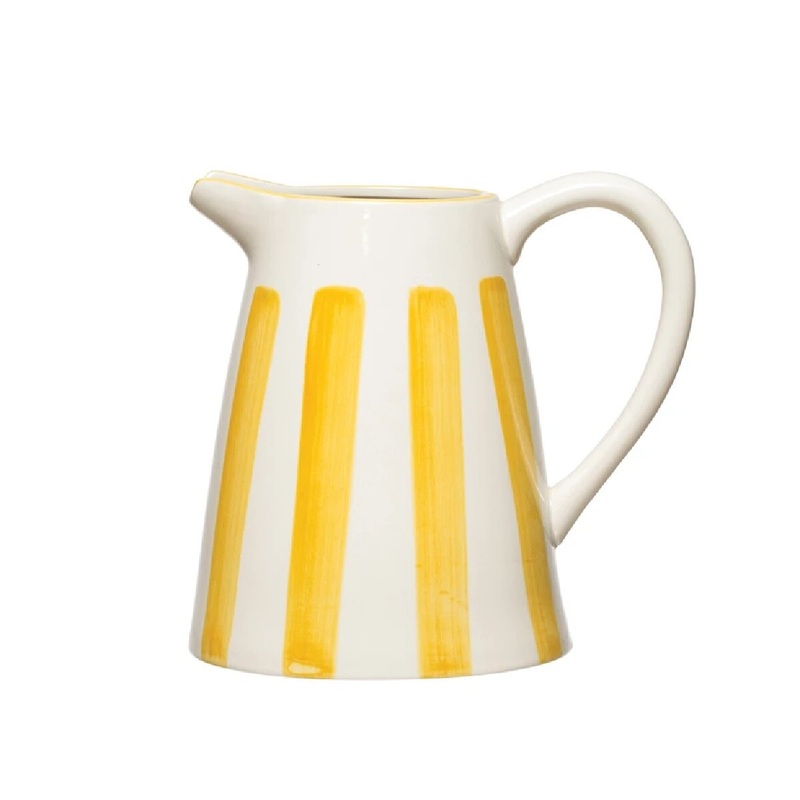 7" Hand-Painted Stoneware Pitcher with Yellow Stripes