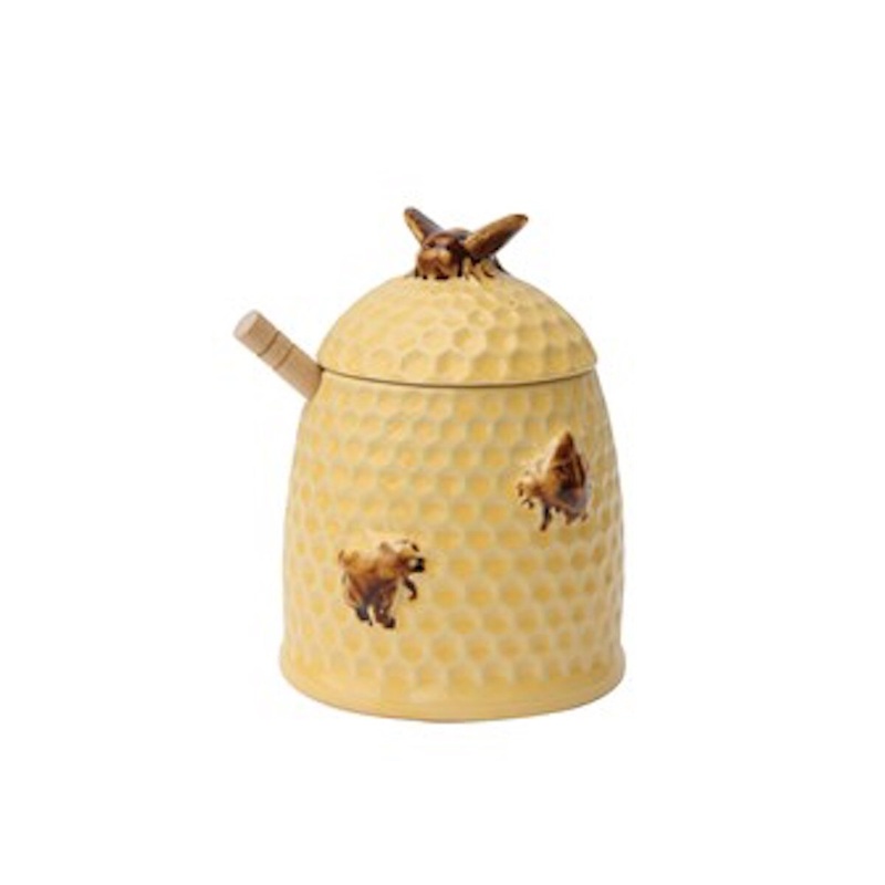 Stoneware 6" Bees Honey Jar w/ Wood Dipper