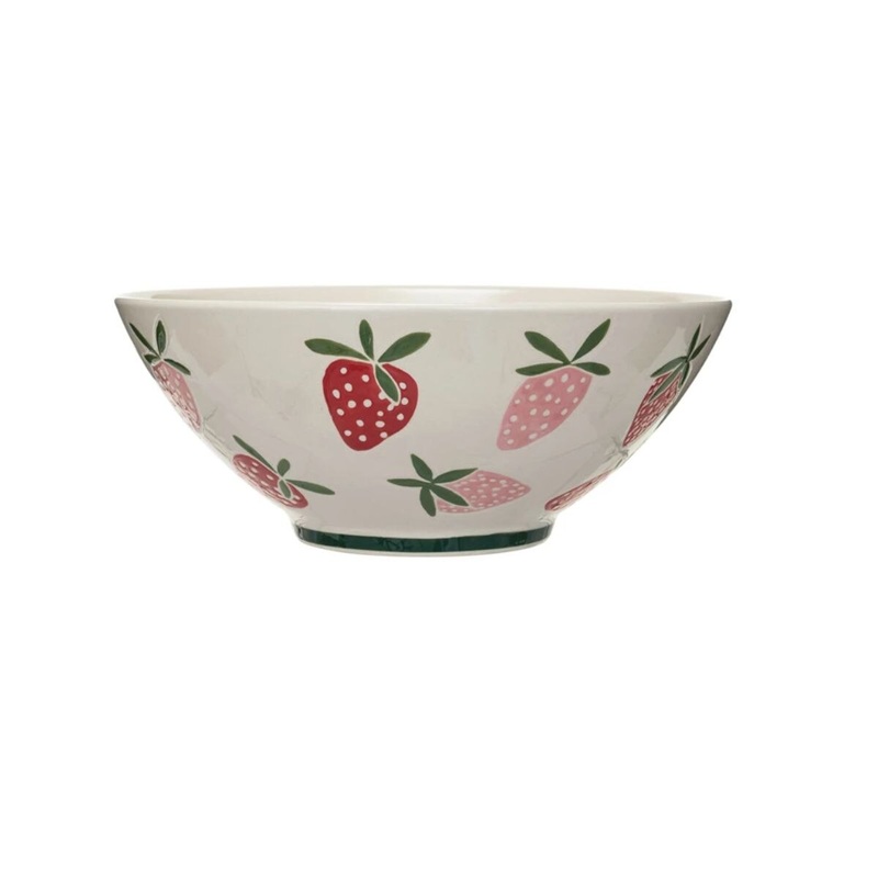 10.5" Hand-Painted Stoneware Bowl w/ Wax Relief Strawberries