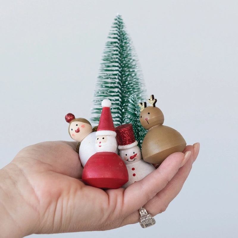 Hand-Painted Wood Christmas Figures & Bottle Brush Trees - Boxed Set of 7