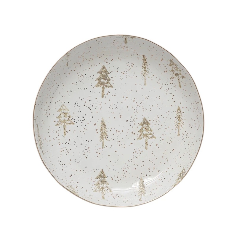 Hand-Stamped Trees Stoneware Low Bowl