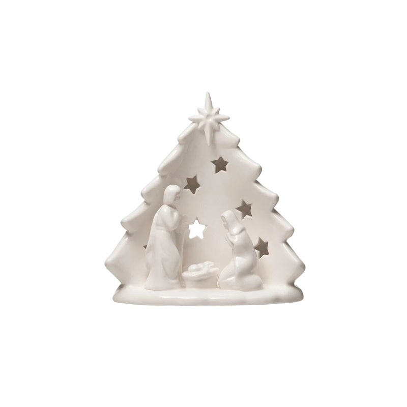 Stoneware Holy Family with Tree & Cut-Outs