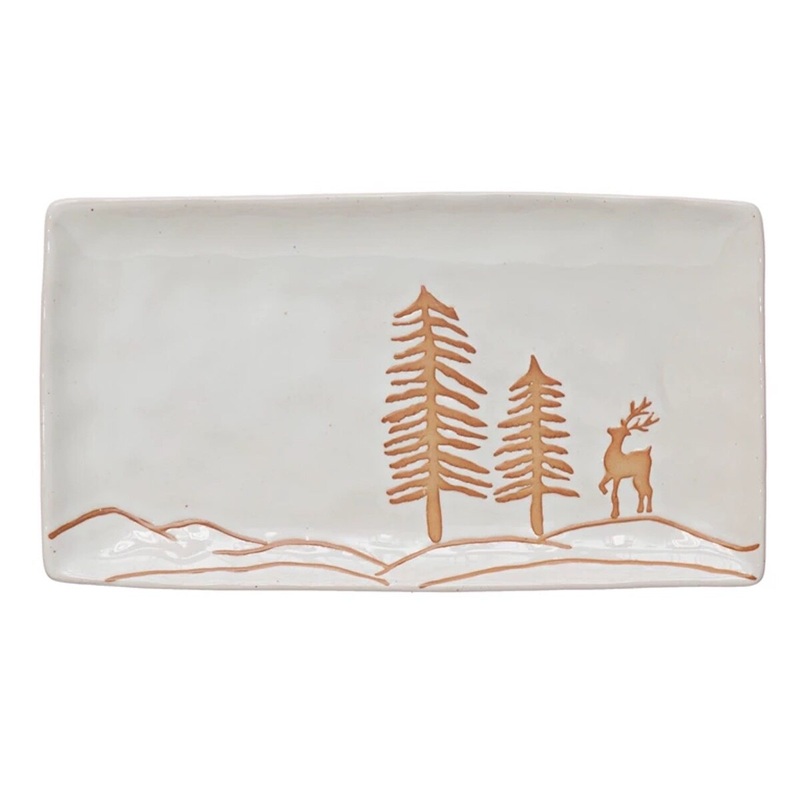 Stoneware Platter w/ Deer and Trees