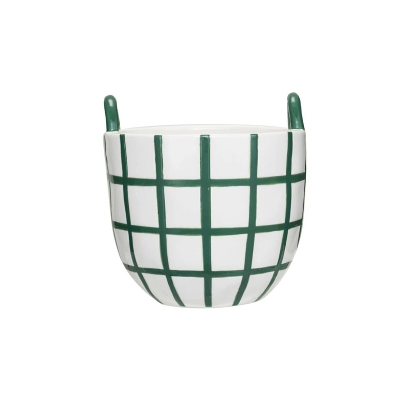 Green & White Stoneware Container W/Handles