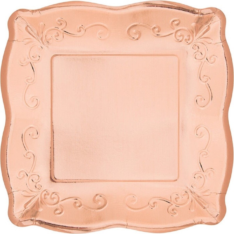 10" Embossed Square  Rose Gold Paper Plate