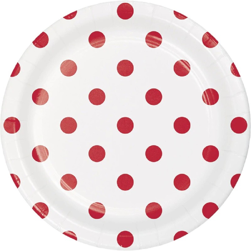 7" Dots & Stripes Paper Plate- Red