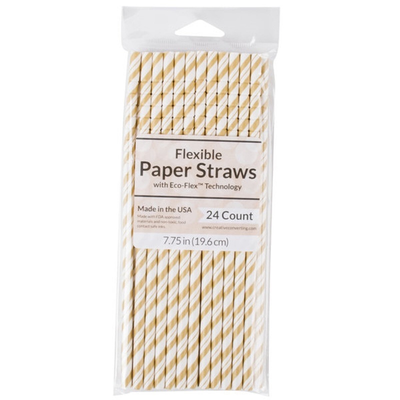 Creative Converting Glittering Gold/White Stripe Paper Straw