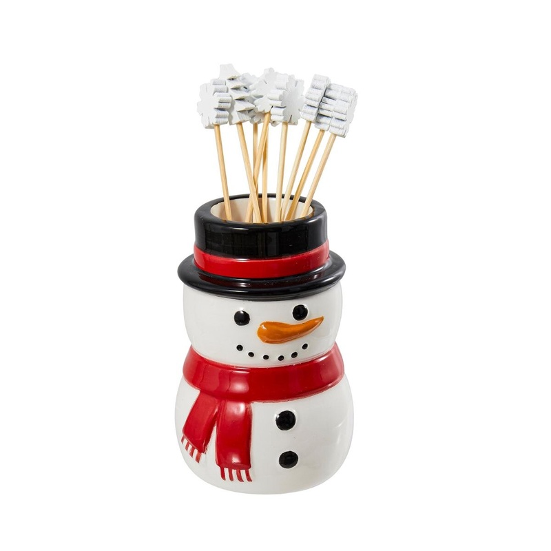 5.25" Snowman Tooth Pick Holder with Snowflake Picks