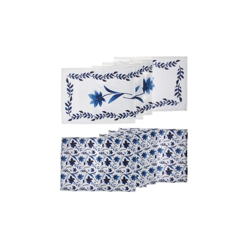 Blue & White Watercolor Floral Table Runner