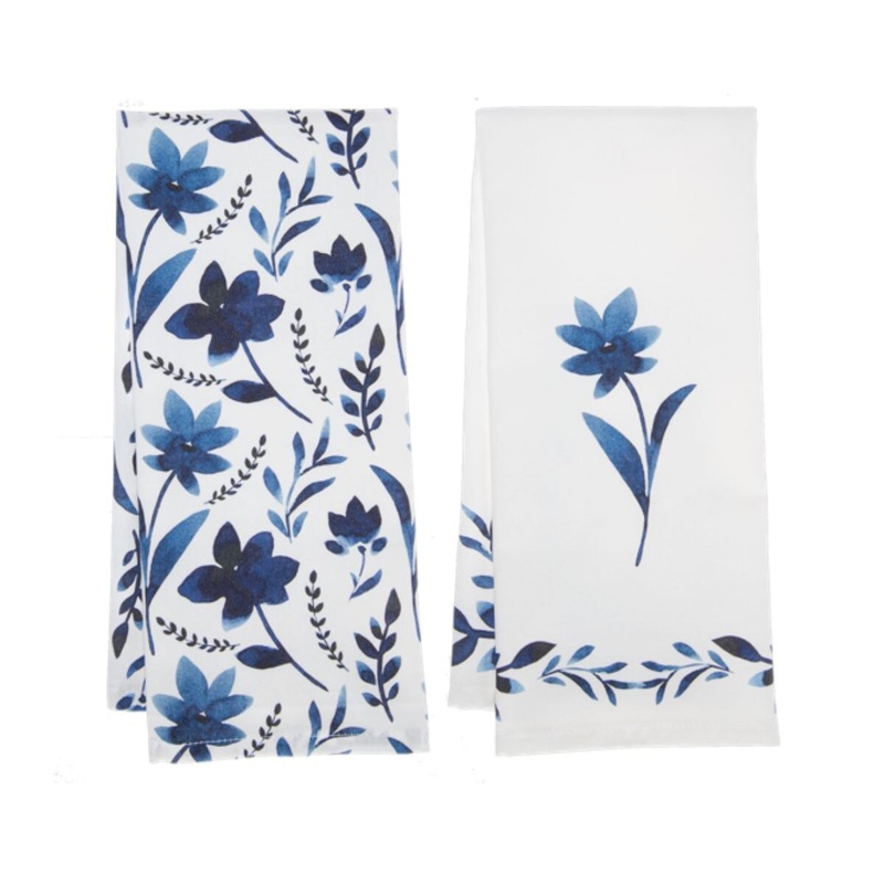 Blue & White Watercolor Floral Tea Towel