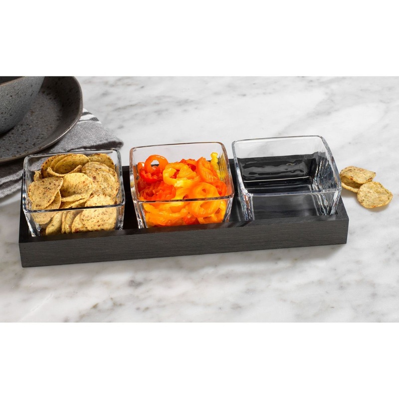 4-pc glass/wood Food Tray