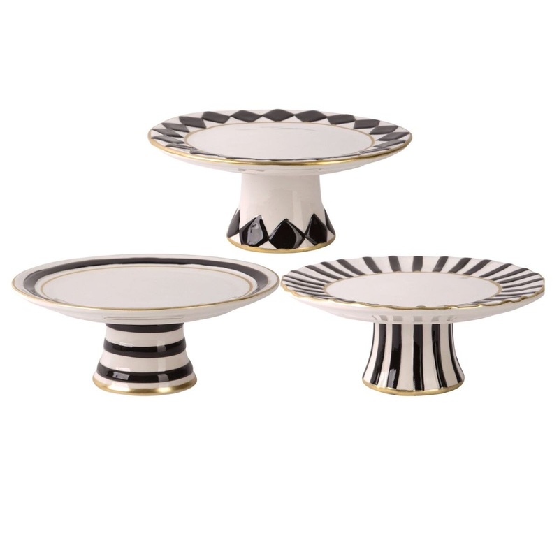 8" Round Blk/Wht Embossed Cake Stand w/Gold
