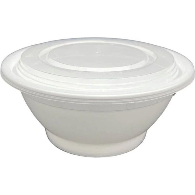 32 Oz White Plastic Bowl With Lid Combo, 150/Cs - PCMB38W