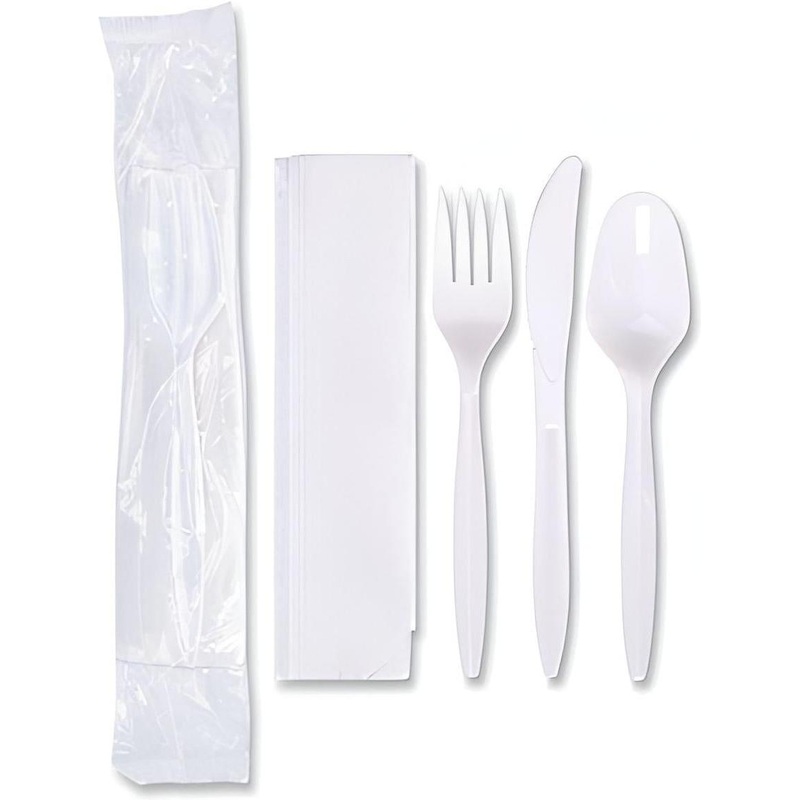 511 Foodservice - Polypropylene White Cutlery Meal Kit ( Spoon, Fork, Knife, Napkin ), 500/Cs - 3106031