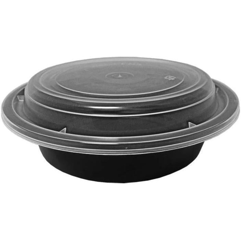 6", 16 Oz Black Round Polypropylene Microwaveable Container with Lid Combo, 150/Cs - PCMRC16B