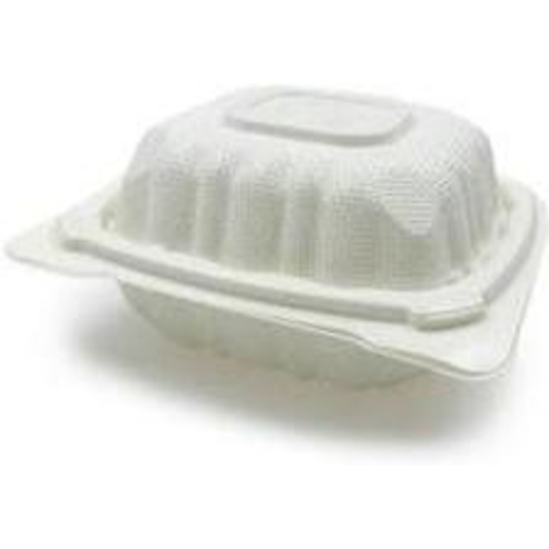 6" x 6" White Receycle Microwavable Hinged Container with 1 Compartment and Lid, 300/Cs - PCMSL61W