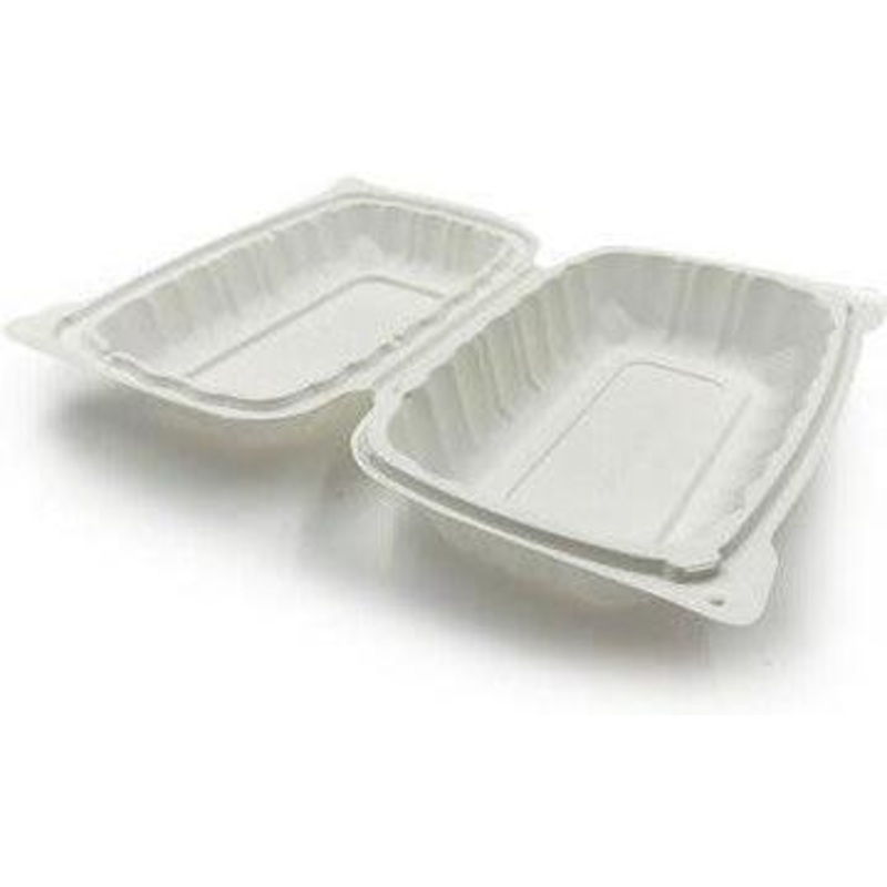 9" x 6" x 3" White Recyclable Microwavable Hinged Container with Lid and 1 Compartment, 250/Cs - PCMSL96W