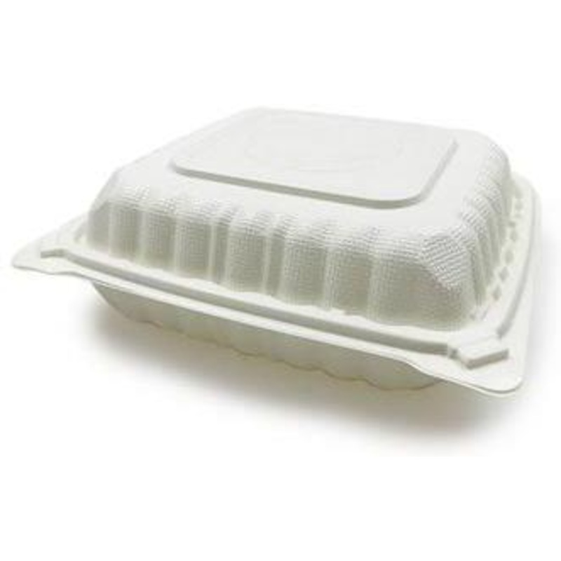 9" x 9" White Receycle Microwavable Hinged Container with 1 Compartment and Lid, 120/Cs - PCMSL91W