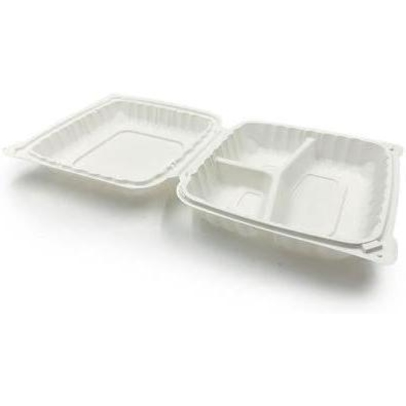 9" x 9" White Receycle Microwavable Hinged Container with 3 Compartment and Lid, 120/Cs - PCMSL93W