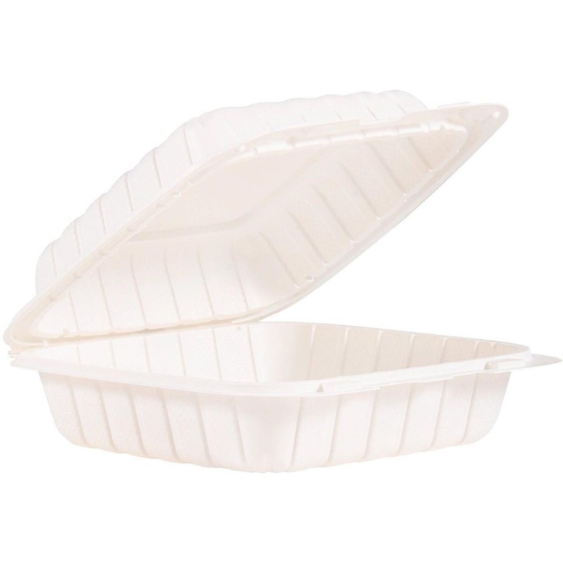 Dart Container - 8.5" Polypropylene White 1 Compartment Hinged Container, 150/Cs - 85MFPPHT1R