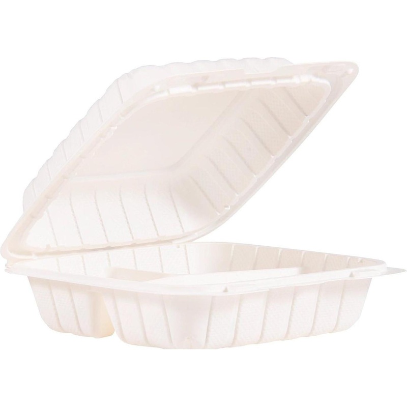 Dart Container - 8.5" Polypropylene White 3 Compartment Hinged Container, 150/Cs - 85MFPPHT3R