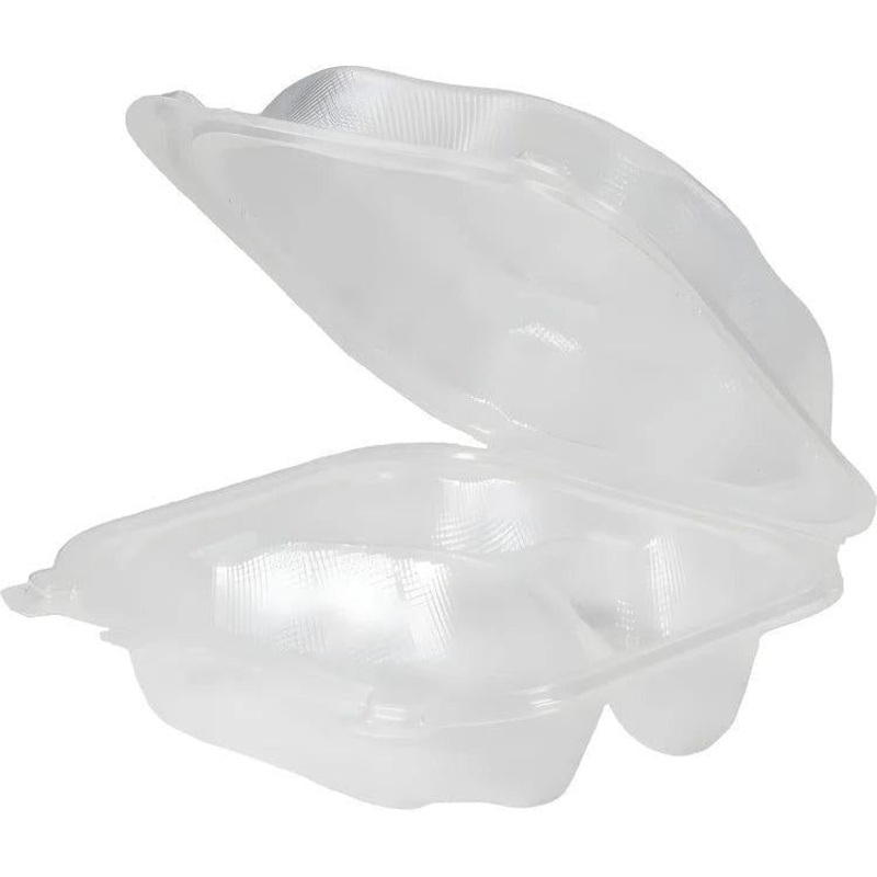 Genpak - 7.5" x 7.5" x 2.88" Clear Medium 3 Compartment Plastic Hinged Container, 150/Cs - 2353107