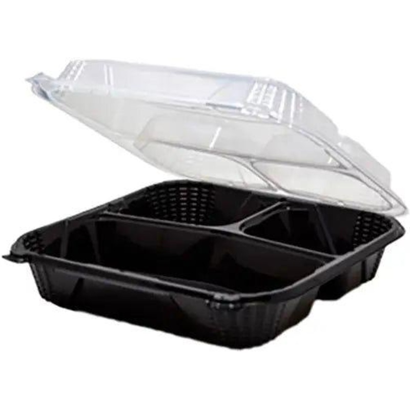 Genpak - 8" X 8" X 3." Black Medium 3 Compartment Close-Off Container, 150/Cs - GPKPV243CO