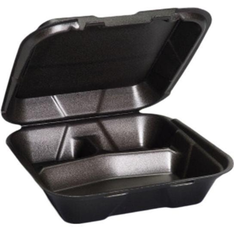 Genpak - 9.25" x 9.12" x 3" Plastic Large Black 3 Compartment Hinged Container, 150/Cs - GPKPV203