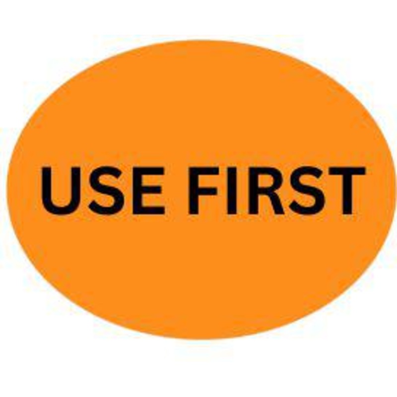Precision Label & Tag - 1.5" Orange Oval USE FIRST Label, 1000/rl - LAB1989