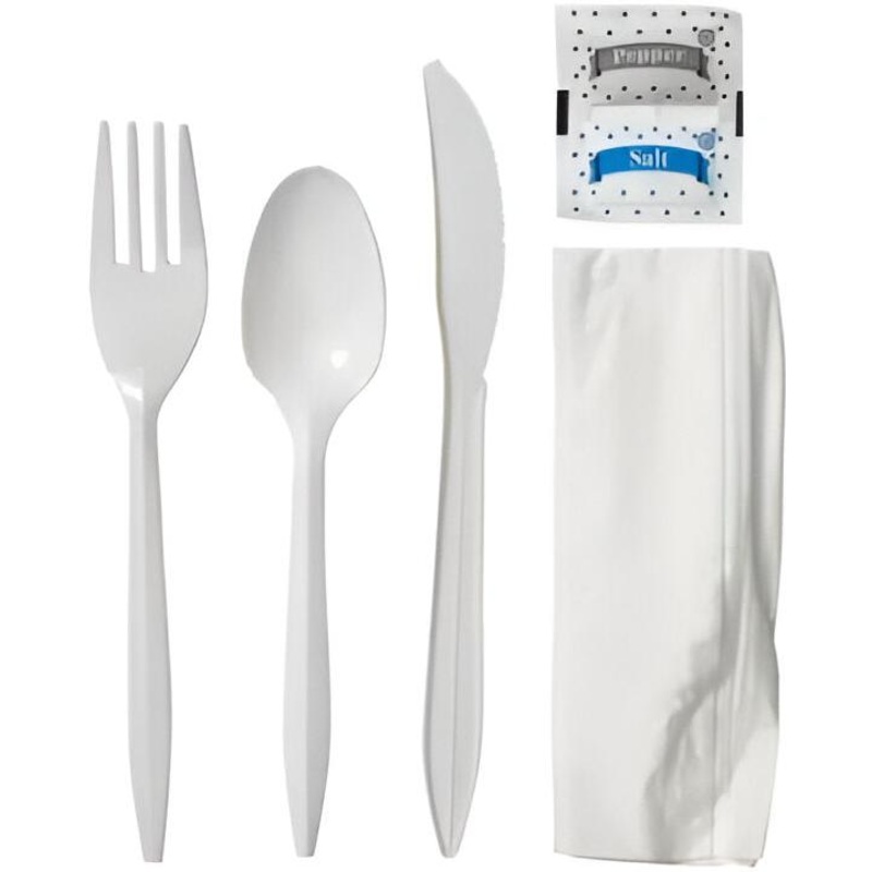 Victoria Bay - 6 Pc Medium Weight Plastic White Cutlery Kit U2209W (Knife, Fork, Teaspoon, S&P, Napkin), 250/Cs - KARU2209W
