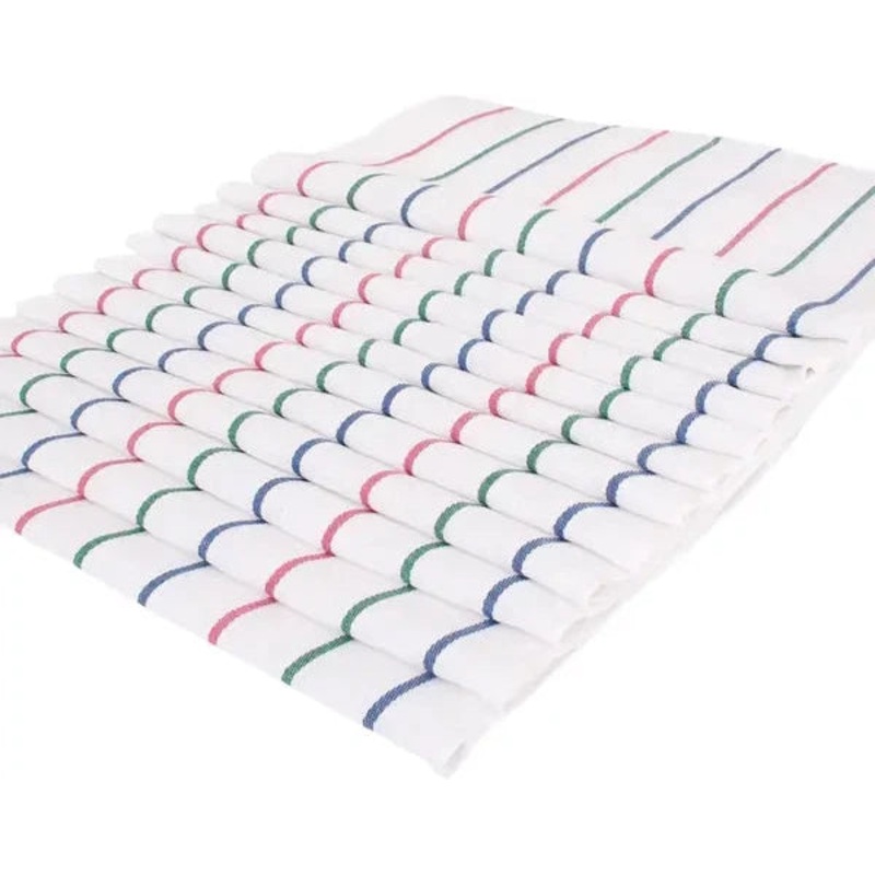Chef Revival - 20" x 28"Cotton White Herringbone Weave Multi Striped Towel, Pack of 12- H28S