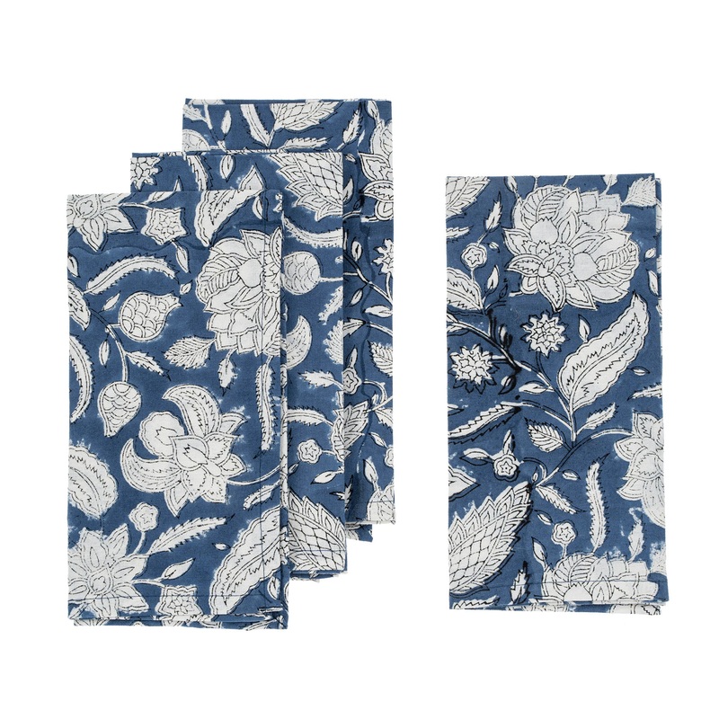 Floral Blue Block Print Napkins Set