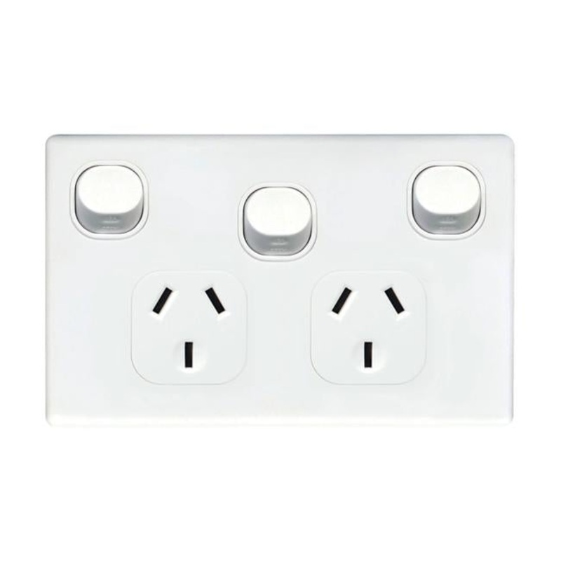 Tradesave Double 10A Horizontal Power Point With Extra 16A Switch.