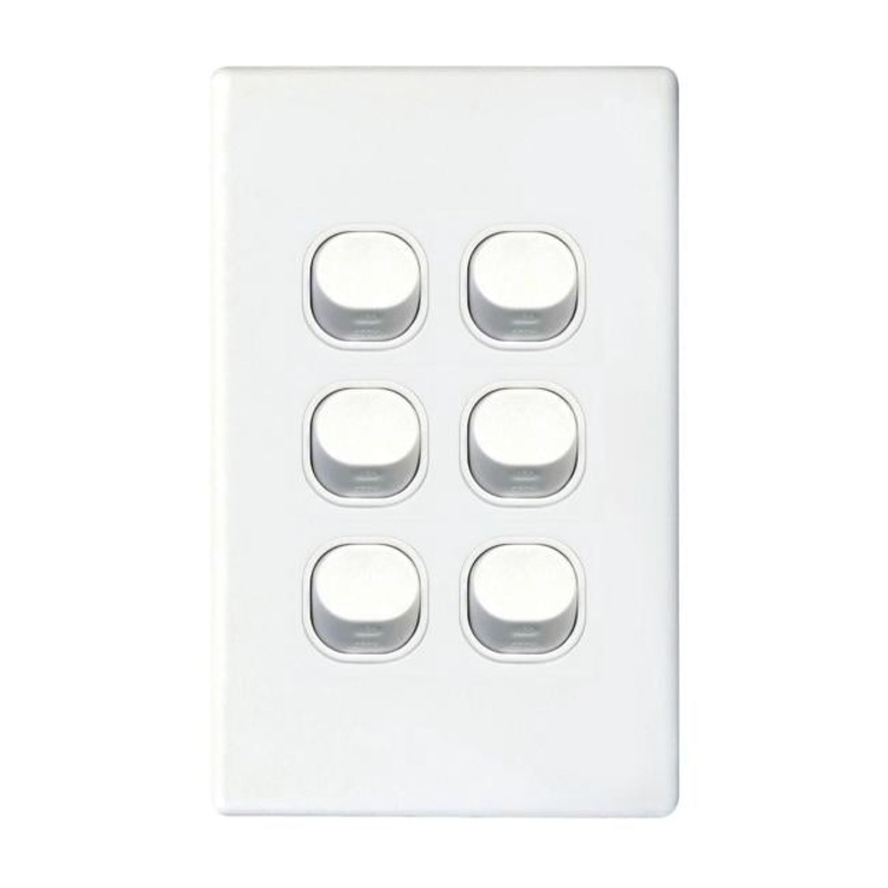 Tradesave Slim 16A 2-Way Vertical 6 Gang Switch. Moulded In Flame