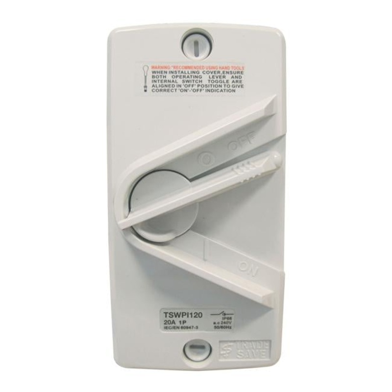 Tradesave Weatherproof Isolator 1 Pole 240V 20A. Grey Heavy Duty