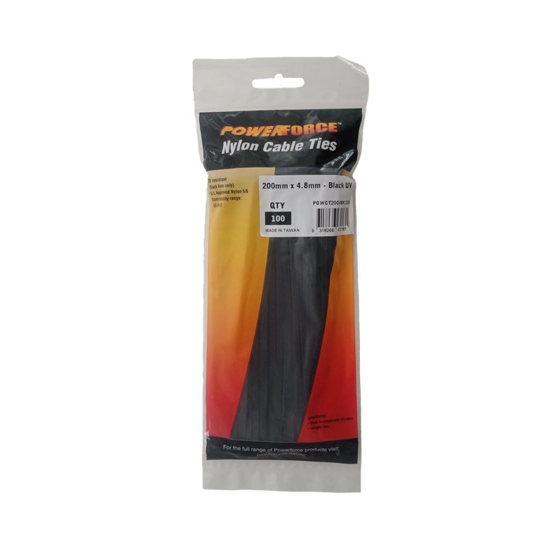 Powerforce Cable Tie Black 200Mm X 4.8Mm Nylon Uv 100Pk