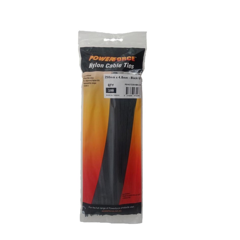 Powerforce Cable Tie Black 250Mm X 4.8Mm Nylon Uv 100Pk
