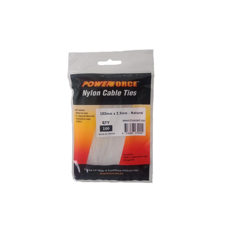 Powerforce Cable Tie Natural 102Mm X 2.5Mm Nylon 100Pk