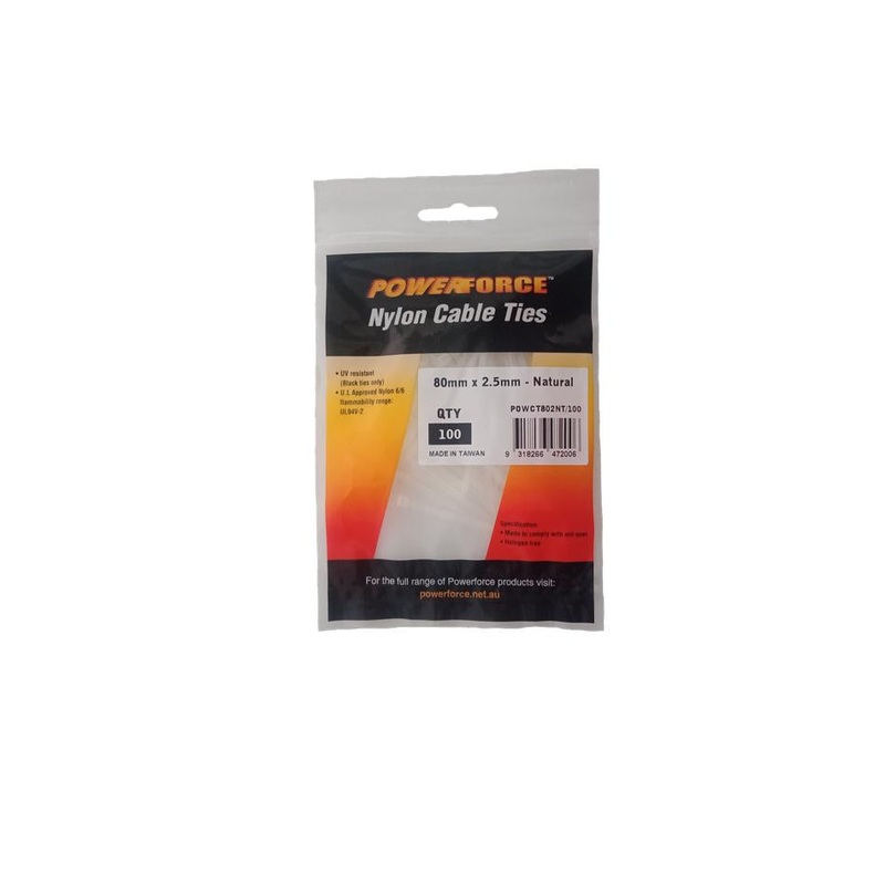 Powerforce Cable Tie Natural 80Mm X 2.5Mm Nylon 100Pk