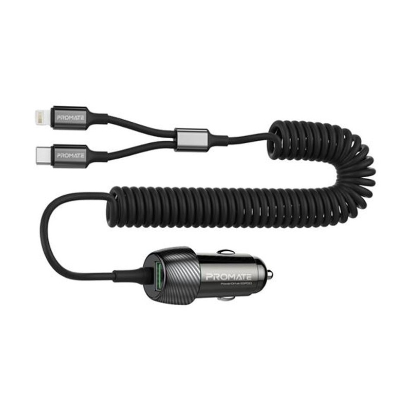 Promate 33W Car Charger With Lightning & Usb-C Cable