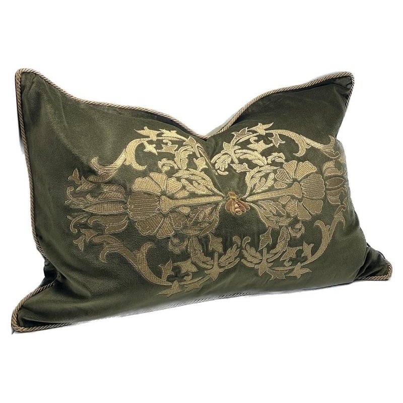 Cushion Cover - Hand Embroidered - Green/Gold IH6004