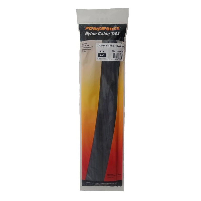Powerforce Cable Tie Black Uv 370Mm X 4.8Mm Weather Resistant Nylon.