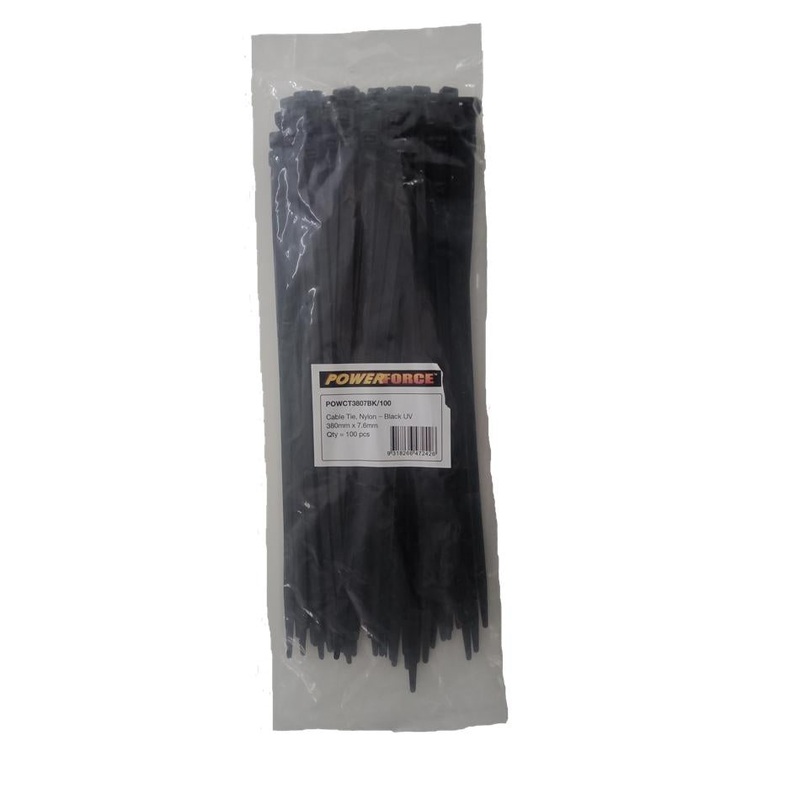 Powerforce Cable Tie Black Uv 380Mm X 7.6Mm Weather Resistant Nylon.