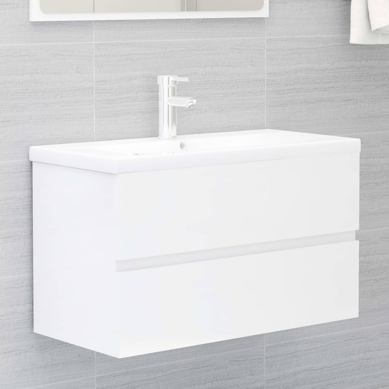 Armoire d'vier lavabo intgr blanc brillant bois d'ingnierie